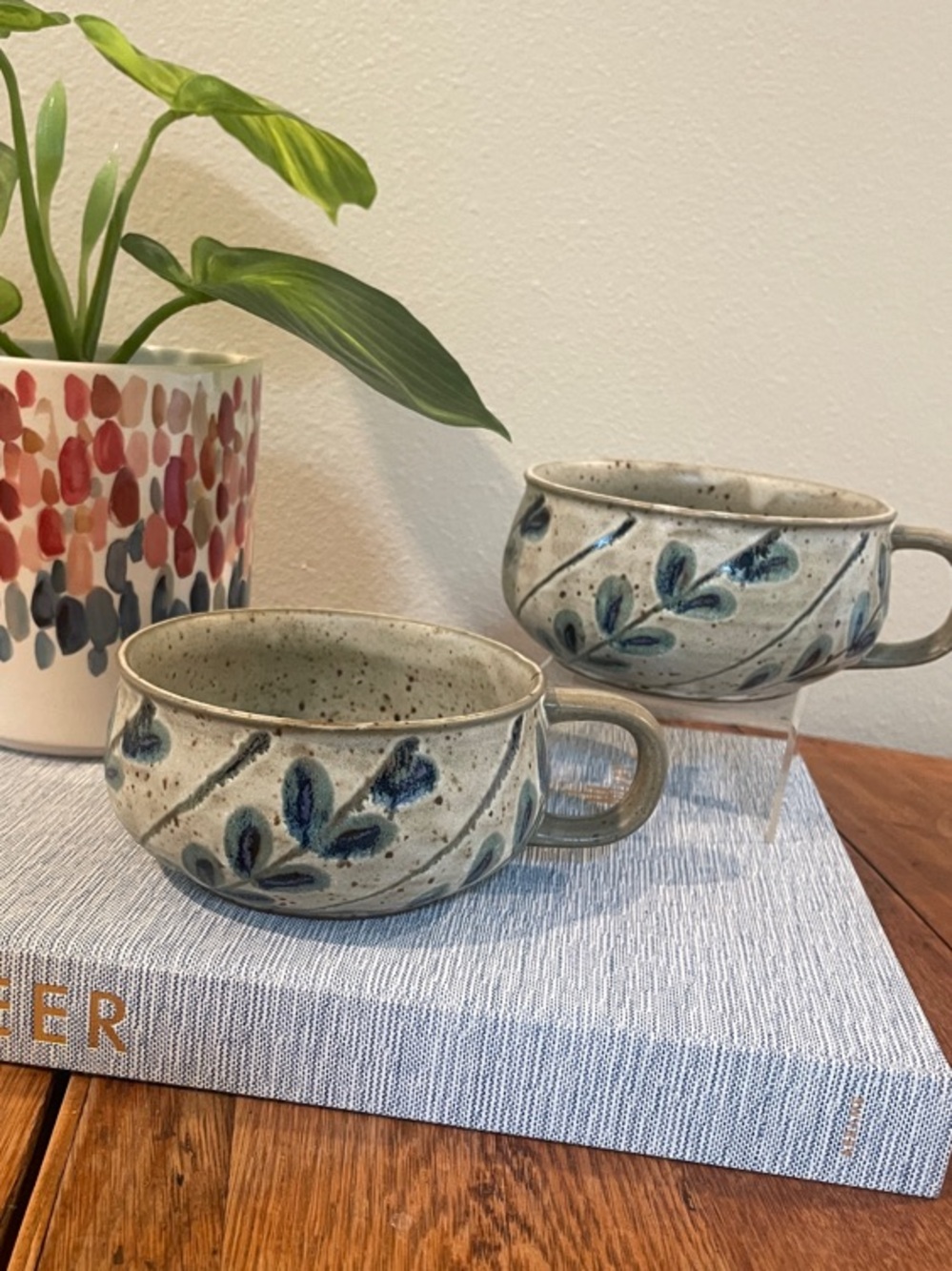 Blue Leaf Speckled Stoneware Soup Mug/Bowl -- 12 oz